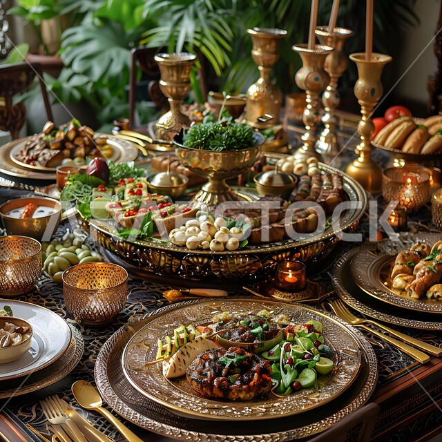 سفرة من المأكولات الشعبية التقليدية الشهية، المقبلات والأطباق والأصناف العربية الشرقية اللذيذة، أجواء شهر رمضان المبارك، العزائم والولائم في الأعياد والمناسبات الإسلامية، مائدة طعام مليئة بالوجبات المتنوعة الرمضانية