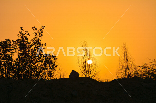صورة جمالية خلابة لغروب الشمس البرتقالي  , غروب الشمس الإبداعي من الصحراء, جمال الطبيعة الصحراوية  الخلابة في وقت غروب الشمس