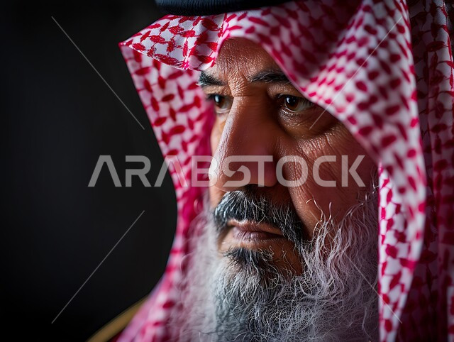 مفهوم الهيبة والوقار, بورتريه مقرب لرجل كبير بالسن عربي خليجي سعودي يرتدي الثوب التقليدي ويضع الشماغ على رأسه ينظر إلى مكان ما بإيماءات الحدة والقوة، التفكير والقلق حول موضوع معين، خلفية سوداء