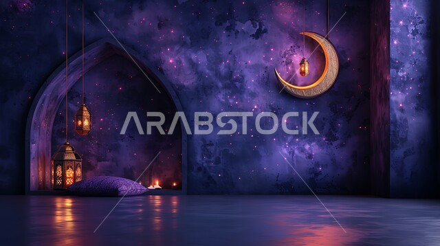 Preparing to welcome the month of goodness and blessings, the spiritual atmosphere of the holy month of Ramadan, religious holidays and occasions, Ramadan decorations, backgrounds and decorations, illuminated golden lanterns on a dark background