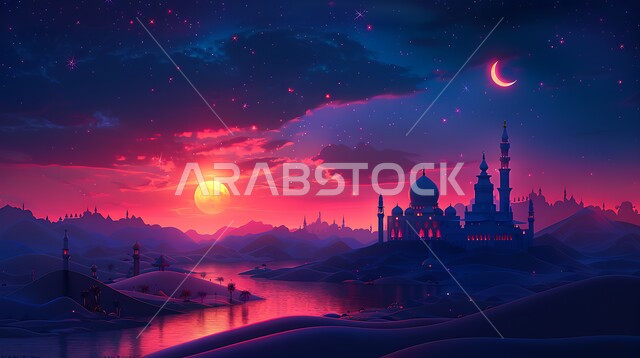 أماكن و دور العبادة والتقرب إلى الله، آداء الفرائض والصلوات، المساجد في وقت الغروب، الفن الهندسي في تصميم المآذن والقبب على الطراز العربي الاسلامي، خلفيات وقوالب اسلامية