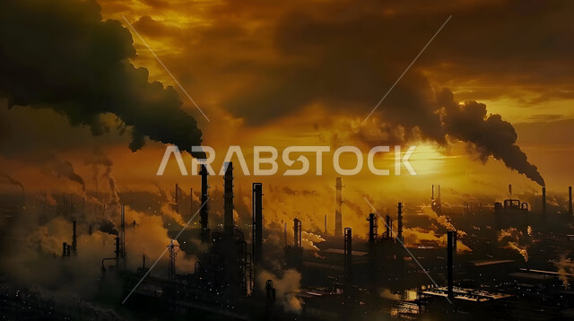 تصاعد الدخان من المصانع وتلويث البيئة، معامل الصناعة في المملكة العربية السعودية، الصناعات التنموية المساهمة في نهضة الاقتصاد الوطني السعودي، مستودعات وخزانات كبيرة وضخمة، محطة صناعية بالأبراج والهياكل المعدينة في وقت الغروب، الاعتماد على الانتاج الوطني المحلي