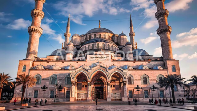 الديكورات الانشائية على الطراز الديني الاسلامي, التصاميم الهندسية المميزة للمساجد، الفن الهندسي المعماري في بناء دور العبادة، العبادة والتقرب إلى الله، أماكن أداء الصلوات والطاعات, خلفية السماء الزرقاء الصافية