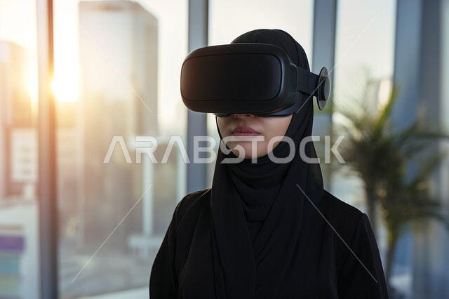 الاستمتاع في قضاء الأوقات الترفيهية عبر استخدام التقنيات الحديثة الالكترونية، شابة عربية خليجية سعودية محجبة ترتدي العباءة السوداء تضع نظارات الفي آر ثلاثية الابعاد، الاندماج والتفاعل مع العالم الافتراضي، دمج التكنولوجيا بالحياة العملية