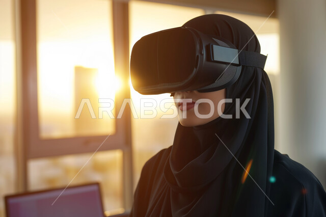 الاستمتاع في قضاء الأوقات الترفيهية عبر استخدام التقنيات الحديثة الالكترونية، شابة عربية خليجية سعودية محجبة ترتدي العباءة السوداء تضع نظارات الفي آر ثلاثية الابعاد، الاندماج والتفاعل مع العالم الافتراضي، دمج التكنولوجيا بالحياة العملية