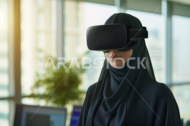 الاستمتاع في قضاء الأوقات الترفيهية عبر استخدام التقنيات الحديثة الالكترونية، شابة عربية خليجية سعودية محجبة ترتدي العباءة السوداء تضع نظارات الفي آر ثلاثية الابعاد، الاندماج والتفاعل مع العالم الافتراضي، دمج التكنولوجيا بالحياة العملية