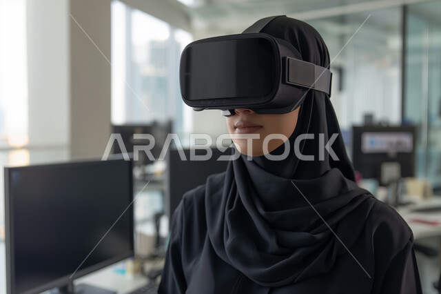 الاستمتاع في قضاء الأوقات الترفيهية عبر استخدام التقنيات الحديثة الالكترونية، شابة عربية خليجية سعودية محجبة ترتدي العباءة السوداء تضع نظارات الفي آر ثلاثية الابعاد، الاندماج والتفاعل مع العالم الافتراضي، دمج التكنولوجيا بالحياة العملية