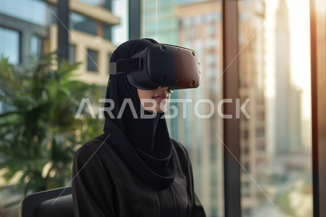 الاستمتاع في قضاء الأوقات الترفيهية عبر استخدام التقنيات الحديثة الالكترونية، شابة عربية خليجية سعودية محجبة ترتدي العباءة السوداء تضع نظارات الفي آر ثلاثية الابعاد، الاندماج والتفاعل مع العالم الافتراضي، دمج التكنولوجيا بالحياة العملية