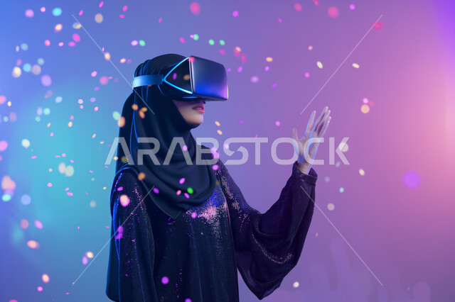 الاندماج والتفاعل مع العناصر الهولوجرامية، تقنيات حديثة الكترونية وأجهزة تكنولوجية، صورة مقربة لامرأة عربية خليجية سعودية محجبة ترتدي العباءة التقليدية تقف وترفع يدها للأعلى في محاولة للمس المكونات الخيالية، ارتداء نظارات الواقع الافتراضي  الفي ار، خلفية ملونة