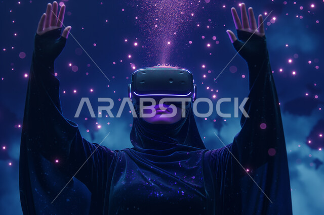 الاندماج والتفاعل مع العناصر الهولوجرامية، تقنيات حديثة الكترونية وأجهزة تكنولوجية، صورة مقربة لامرأة عربية خليجية سعودية محجبة ترتدي العباءة التقليدية تقف وترفع يدها للأعلى في محاولة للمس المكونات الخيالية، ارتداء نظارات الواقع الافتراضي  الفي ار، خلفية ملونة