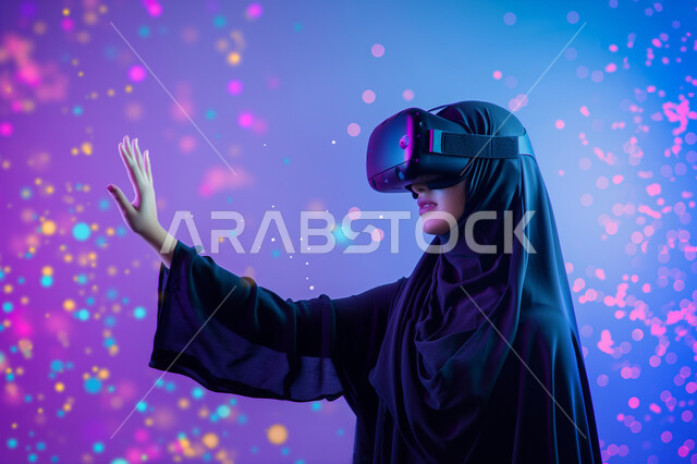 ارتداء نظارات الواقع الافتراضي الفي ار، الاندماج والتفاعل مع العناصر الهولوجرامية، تقنيات حديثة الكترونية وأجهزة تكنولوجية، صورة مقربة لامرأة عربية خليجية سعودية محجبة ترتدي العباءة التقليدية تقف وترفع يدها للأعلى في محاولة للمس المكونات الخيالية، خلفية ملونة