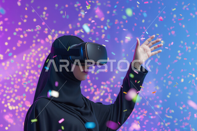 ارتداء نظارات الواقع الافتراضي الفي ار، الاندماج والتفاعل مع العناصر الهولوجرامية، تقنيات حديثة الكترونية وأجهزة تكنولوجية، صورة مقربة لامرأة عربية خليجية سعودية محجبة ترتدي العباءة التقليدية تقف وترفع يدها للأعلى في محاولة للمس المكونات الخيالية، خلفية ملونة