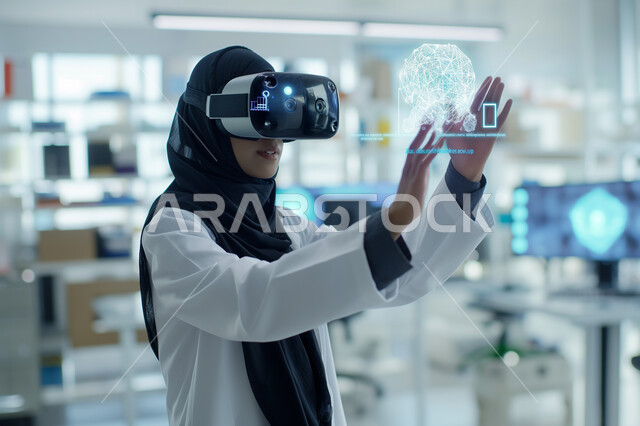 التطور التقني في المجال العلمي والطبي، استخدام التكنولوجيا الحديثة والذكاء الإصطناعي في فحص ومعاينة المرضى، طبيبة عربية خليجية سعودية محجبة ترتدي المعطف الطبي وتضع نظارة في آر تقوم بلمس  رسومات وعناصر هولوجرامية ثلاثية الأبعاد، رؤية سعودية مستقبلية 2030