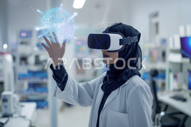 التطور التقني في المجال العلمي والطبي، استخدام التكنولوجيا الحديثة والذكاء الإصطناعي في فحص ومعاينة المرضى، طبيبة عربية خليجية سعودية محجبة ترتدي المعطف الطبي وتضع نظارة في آر تقوم بلمس  رسومات وعناصر هولوجرامية ثلاثية الأبعاد، رؤية سعودية مستقبلية 2030