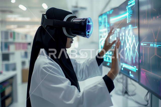 التطور التقني في المجال العلمي والطبي، استخدام التكنولوجيا الحديثة والذكاء الإصطناعي في فحص ومعاينة المرضى، طبيبة عربية خليجية سعودية محجبة ترتدي المعطف الطبي وتضع نظارة في آر تقوم بلمس  رسومات وعناصر هولوجرامية ثلاثية الأبعاد، رؤية سعودية مستقبلية 2030