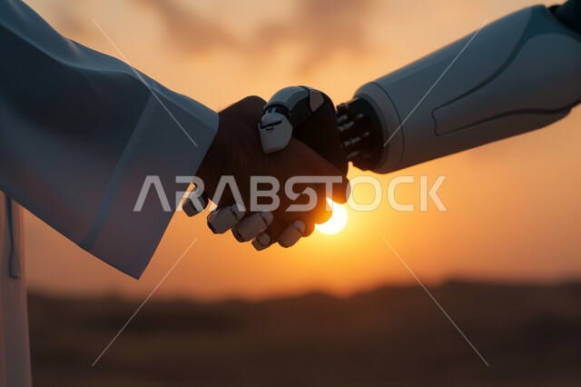 مفهوم التعاون بين البشر والروبوتات، تطور الذكاء الاصطناعي والعلوم والتكنولوجيا، رؤية مستقبلية سعودية 2030، التحول الرقمي والتقدم التقني، تحقيق الثورة الصناعية في المجال الالكتروني, صورة مقربة ليد رجل عربي خليجي سعودي يرتدي الثوب التقليدي تقوم بمصافحة يد روبوت
