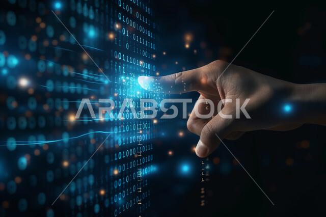 عناصر ورموز هولوجرامية ثلاثية الابعاد، التقدم و النمو التقني, صورة مقربة ليد شخص يقوم بلمس أيقونات التكلفة والجودة الافتراضية، شاشات الكترونية مضيئة, استخدام التقنيات الالكترونية الحديثه, تحسين كفاءة العمل