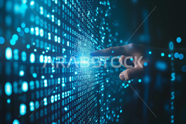 عناصر ورموز هولوجرامية ثلاثية الابعاد، التقدم و النمو التقني, صورة مقربة ليد شخص يقوم بلمس أيقونات التكلفة والجودة الافتراضية، شاشات الكترونية مضيئة, استخدام التقنيات الالكترونية الحديثه, تحسين كفاءة العمل