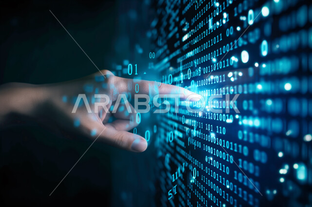 عناصر ورموز هولوجرامية ثلاثية الابعاد، التقدم و النمو التقني, صورة مقربة ليد شخص يقوم بلمس أيقونات التكلفة والجودة الافتراضية، شاشات الكترونية مضيئة, استخدام التقنيات الالكترونية الحديثه, تحسين كفاءة العمل