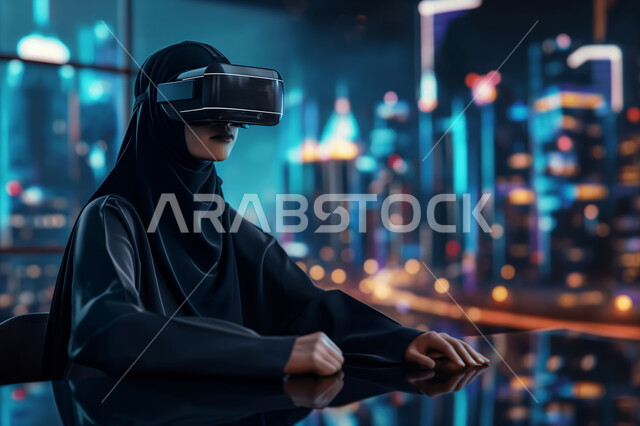 التفاعل والاندماج مع العناصر الهولوجرامية، استخدام التقنيات الحديثة التكنولوجية في العمل، ارتداء نظارات الواقع الافتراضي الفي ار، امرأة عربية خليجية سعودية محجبة ترتدي العباءة تجلس وتنظر حولها، خلفية الأبراج وناطحات السحاب ثلاثية الأبعاد الملونة المضيئة