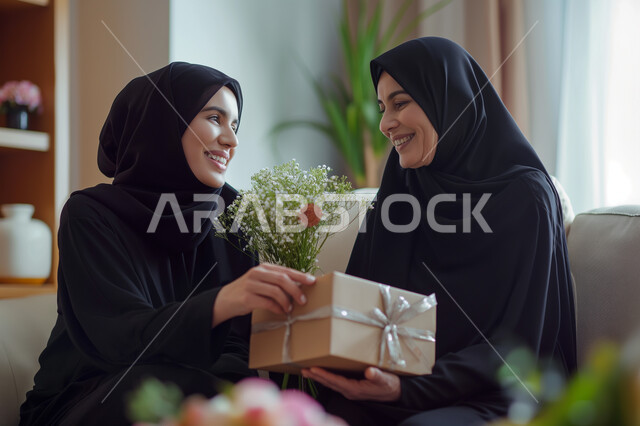 تقديم الهدايا في الأعياد والمناسبات، إيماءات الرضا والسعادة، إحياء ذكرى عيد الأم، مفهوم احترام وتقدير الوالدين، شابة عربية خليجية سعودية محجبة تقوم بإهداء أمها باقة من الزهور وعلبة هدية مغلفة بشكل أنيق، إدخال السرور إلى قلب الأهل، تماسك الأسرة السعودية