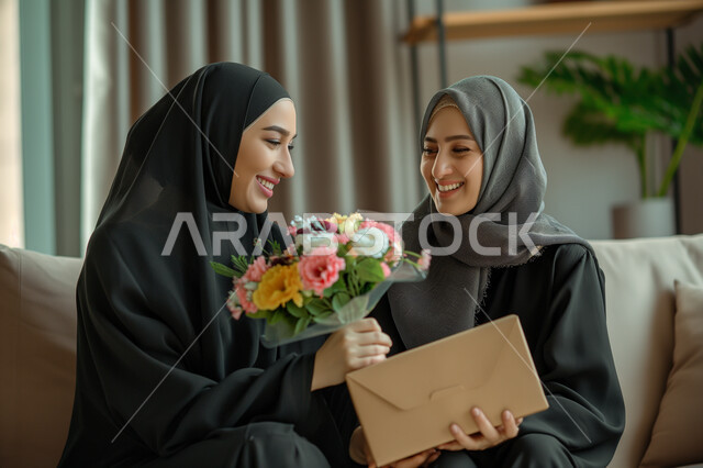 تقديم الهدايا في الأعياد والمناسبات، إيماءات الرضا والسعادة، إحياء ذكرى عيد الأم، مفهوم احترام وتقدير الوالدين، شابة عربية خليجية سعودية محجبة تقوم بإهداء أمها باقة من الزهور وعلبة هدية مغلفة بشكل أنيق، إدخال السرور إلى قلب الأهل، تماسك الأسرة السعودية
