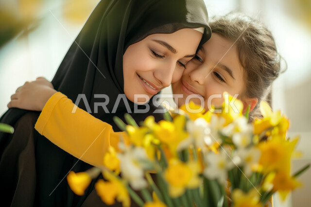 إيماءات الرضا والسعادة، تقديم الهدايا في الأعياد والمناسبات، إحياء ذكرى عيد الأم، مفهوم احترام وتقدير الوالدين، طفلة عربية خليجية سعودية تقوم تحضن أمها بكل حب بعد إهدائها باقة من الزهور الجميلة، إدخال السرور إلى قلب الأهل، تماسك الأسرة السعودية