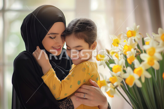 Gestures of satisfaction and happiness, giving gifts on holidays and occasions, commemorating Mother's Day, the concept of respecting and appreciating parents, a Saudi Arabian Gulf girl hugging her mother with love after giving her a bouquet of beautiful flowers, bringing joy to the hearts of parents, the cohesion of the Saudi family