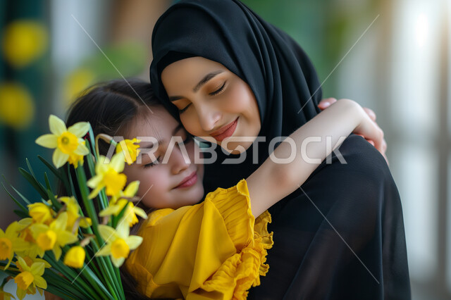 إيماءات الرضا والسعادة، تقديم الهدايا في الأعياد والمناسبات، إحياء ذكرى عيد الأم، مفهوم احترام وتقدير الوالدين، طفلة عربية خليجية سعودية تقوم تحضن أمها بكل حب بعد إهدائها باقة من الزهور الجميلة، إدخال السرور إلى قلب الأهل، تماسك الأسرة السعودية