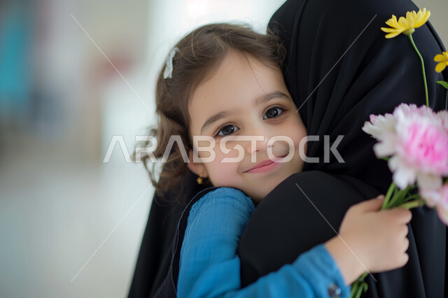  إحياء ذكرى عيد الأم، إيماءات الرضا والسعادة، تقديم الهدايا في الأعياد والمناسبات، مفهوم احترام وتقدير الوالدين، طفلة عربية خليجية سعودية تقوم تحضن أمها بكل حب بعد إهدائها باقة من الزهور الجميلة، إدخال السرور إلى قلب الأهل، تماسك الأسرة السعودية