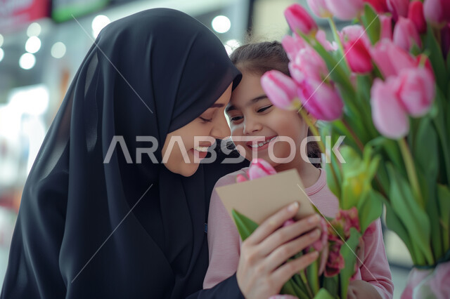  إحياء ذكرى عيد الأم، إيماءات الرضا والسعادة، تقديم الهدايا في الأعياد والمناسبات، مفهوم احترام وتقدير الوالدين، طفلة عربية خليجية سعودية تقوم تحضن أمها بكل حب بعد إهدائها باقة من الزهور الجميلة، إدخال السرور إلى قلب الأهل، تماسك الأسرة السعودية