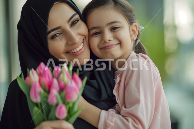  إحياء ذكرى عيد الأم، إيماءات الرضا والسعادة، تقديم الهدايا في الأعياد والمناسبات، مفهوم احترام وتقدير الوالدين، طفلة عربية خليجية سعودية تقوم تحضن أمها بكل حب بعد إهدائها باقة من الزهور الجميلة، إدخال السرور إلى قلب الأهل، تماسك الأسرة السعودية