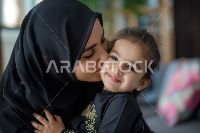 الشعور بالأمان والاطمئنان، تعزيز رابط الأمومة بين الأم وصغيرتها، إيماءات السعادة والسرور، مفهوم حنان الأمهات و تحمل المسؤولية والعناية بالأطفال، سيدة عربية خليجية سعودية محجبة تحضتن طفلتها وتنظر إليها بحب وتقوم بمداعبتها، قضاء الأوقات الممتعة مع الأبناء
