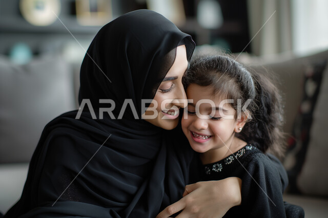الشعور بالأمان والاطمئنان، تعزيز رابط الأمومة بين الأم وصغيرتها، إيماءات السعادة والسرور، مفهوم حنان الأمهات و تحمل المسؤولية والعناية بالأطفال، سيدة عربية خليجية سعودية محجبة تحضتن طفلتها وتنظر إليها بحب وتقوم بمداعبتها، قضاء الأوقات الممتعة مع الأبناء