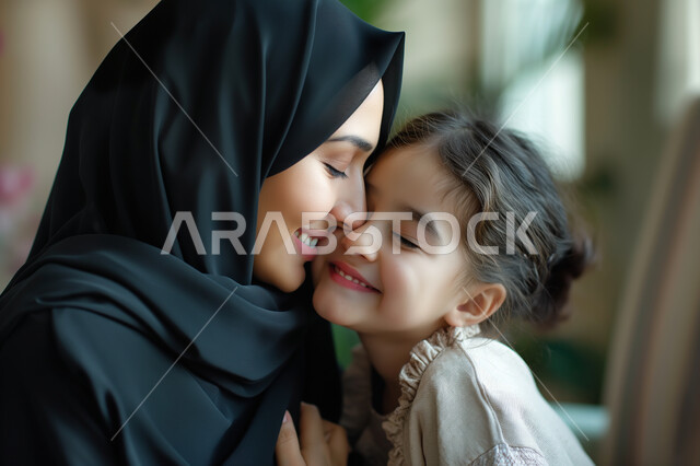 الشعور بالأمان والاطمئنان، تعزيز رابط الأمومة بين الأم وصغيرتها، إيماءات السعادة والسرور، مفهوم حنان الأمهات و تحمل المسؤولية والعناية بالأطفال، سيدة عربية خليجية سعودية محجبة تحضتن طفلتها وتنظر إليها بحب وتقوم بمداعبتها، قضاء الأوقات الممتعة مع الأبناء