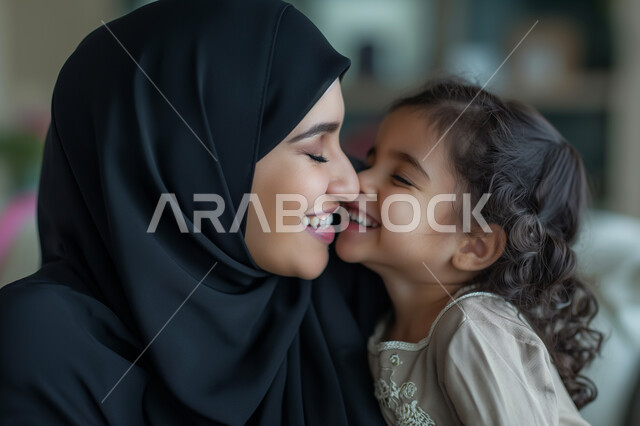 الشعور بالأمان والاطمئنان، تعزيز رابط الأمومة بين الأم وصغيرتها، إيماءات السعادة والسرور، مفهوم حنان الأمهات و تحمل المسؤولية والعناية بالأطفال، سيدة عربية خليجية سعودية محجبة تحضتن طفلتها وتنظر إليها بحب وتقوم بمداعبتها، قضاء الأوقات الممتعة مع الأبناء