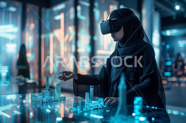 خلفية هولوجرامية ثلاثية الأبعاد لمخططات هندسية معمارية، استعمال التقنيات الحديثة لمتابعة المشاريع والتصميمات الإنشائية المتطورة، شابة عربية خليجية سعودية  محجبة ترتدي العباءة وتضع نظارات في آر وتقوم بمتابعة المشروع البنائي، رؤية مستقبلية سعودية 2030