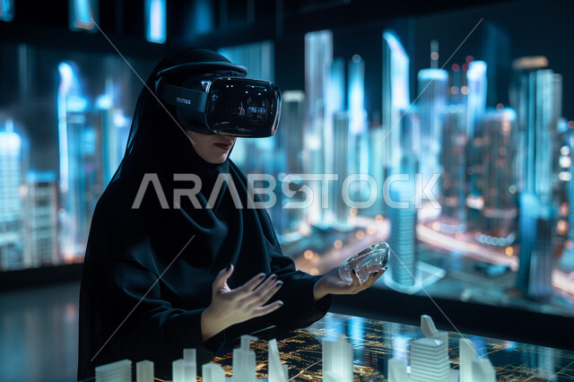 خلفية هولوجرامية ثلاثية الأبعاد لمخططات هندسية معمارية، استعمال التقنيات الحديثة لمتابعة المشاريع والتصميمات الإنشائية المتطورة، شابة عربية خليجية سعودية  محجبة ترتدي العباءة وتضع نظارات في آر وتقوم بمتابعة المشروع البنائي، رؤية مستقبلية سعودية 2030