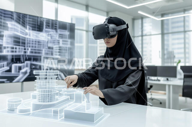 3D holographic background of architectural engineering plans, using modern technologies to follow up on advanced construction projects and designs, a veiled young Saudi Arabian Gulf woman wearing an abaya and VR glasses and following up on the construction project, Saudi Vision 2030