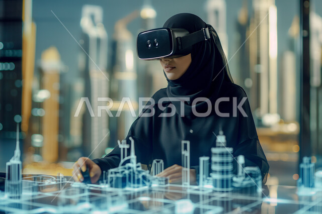 3D holographic background of architectural engineering plans, using modern technologies to follow up on advanced construction projects and designs, a veiled young Saudi Arabian Gulf woman wearing an abaya and VR glasses and following up on the construction project, Saudi Vision 2030