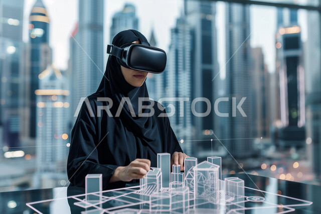 استعمال التقنيات الحديثة لمتابعة المشاريع والتصميمات الإنشائية المتطورة، خلفية هولوجرامية ثلاثية الأبعاد لمخططات هندسية معمارية، شابة عربية خليجية سعودية محجبة ترتدي العباءة وتضع نظارات في آر وتقوم بمتابعة المشروع البنائي، رؤية مستقبلية سعودية 2030