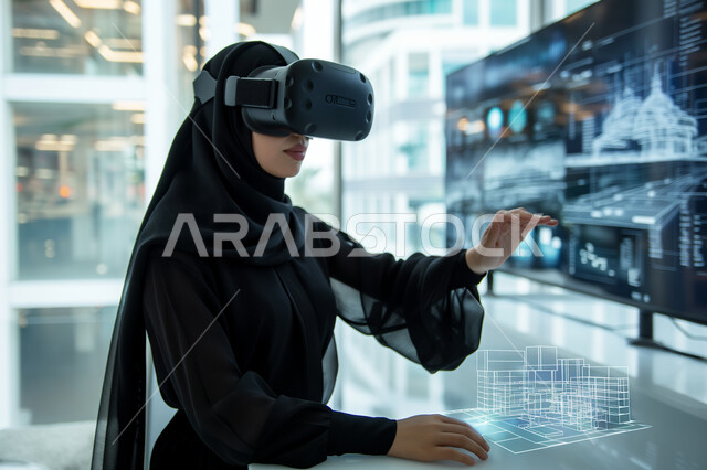 شاشات متطورة لعرض الأشكال والتصاميم ثلاثية الابعاد الجديدة للمشاريع الهندسية في المملكة العربية السعودية، تطوير مجال التصميم الهندسي المعماري، مهندسة عربية خليجية سعودية محجبة ترتدي العباءة التقليدية وتضع نظارة الواقع الافتراضي، رؤية مستقبلية سعودية 2030