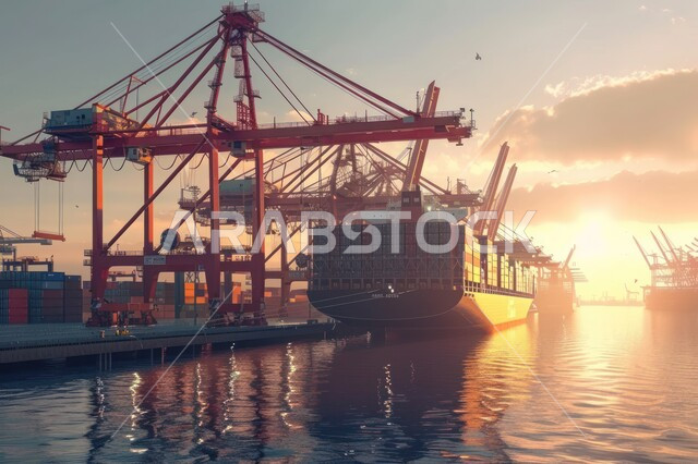A commercial vessel sailing to reach a station for loading, unloading and shipping containers and commercial goods, a port for transporting goods in the Kingdom of Saudi Arabia, a commercial port for delivering goods and local products via ships at sea, industry, trade and maritime economy