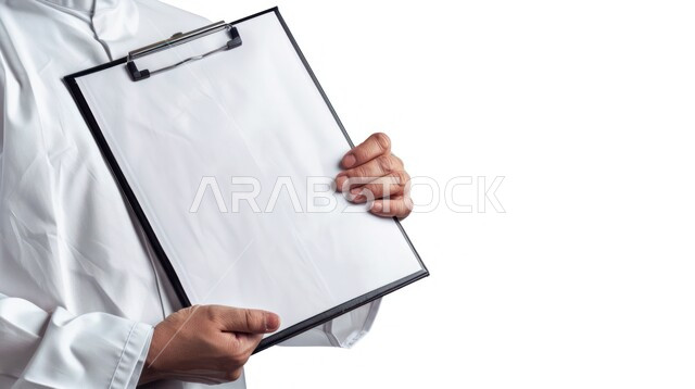 Empty square mockup, using explanatory panels, portrait of a Saudi Arabian Gulf man wearing a white coat standing and holding a blank square white panel in his hand and looking, advertisements and marketing offers, white background