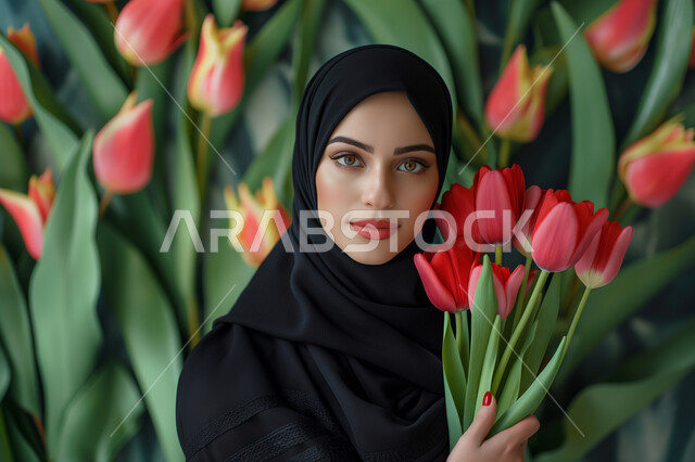 تقديم الزهور في الأعياد والمناسبات السعيدة، إحياء ذكرى عيد الأم، مفهوم احترام وتقدير الوالدين، امرأة عربية خليجية سعودية محجبة ترتدي العباءة السوداء التقليدية تمسك بيدها باقة من أزهار التوليب الملونة وتنظر للكاميرا بإيماءات الرضا والسرور، خلفية الورود الجميلة