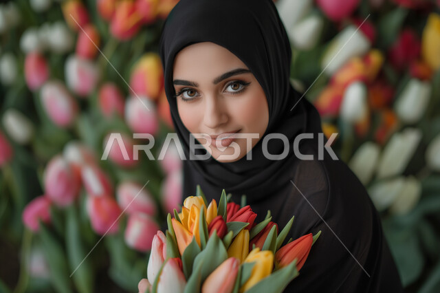تقديم الزهور في الأعياد والمناسبات السعيدة، إحياء ذكرى عيد الأم، مفهوم احترام وتقدير الوالدين، امرأة عربية خليجية سعودية محجبة ترتدي العباءة السوداء التقليدية تمسك بيدها باقة من أزهار التوليب الملونة وتنظر للكاميرا بإيماءات الرضا والسرور، خلفية الورود الجميلة