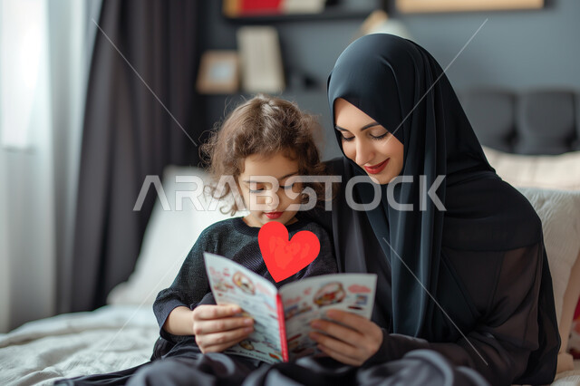 Presenting greeting cards and gifts for holidays and occasions, commemorating Mother's Day, the concept of respecting and appreciating parents, a veiled Saudi Arabian Gulf woman wearing the traditional abaya holding a greeting card given to her by her little girl, a mother embracing her daughter in an atmosphere full of love, affection and tenderness