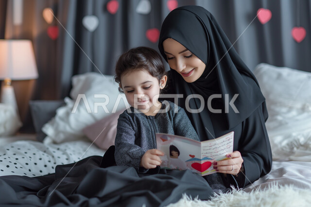تقديم كروت التهنئة والهدايا الأعياد والمناسبات، إحياء ذكرى عيد الأم، مفهوم احترام وتقدير الوالدين، امرأة عربية خليجية سعودية محجبة ترتدي العباءة التقليدية تمسك بيدها كرت معايدة قدمه لها طفلتها الصغيرة، أم تحتضن ابنتها في جو مليء بالحب والعطف والحنان