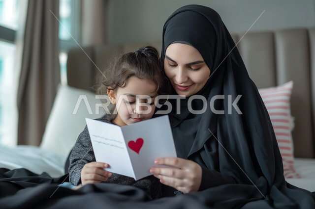 تقديم كروت التهنئة والهدايا الأعياد والمناسبات، إحياء ذكرى عيد الأم، مفهوم احترام وتقدير الوالدين، امرأة عربية خليجية سعودية محجبة ترتدي العباءة التقليدية تمسك بيدها كرت معايدة قدمه لها طفلتها الصغيرة، أم تحتضن ابنتها في جو مليء بالحب والعطف والحنان