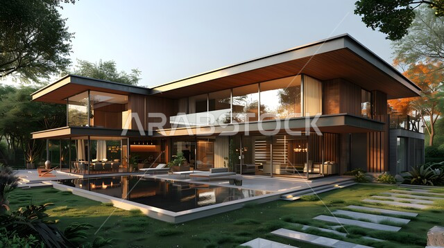 New architectural and urban development of homes in the Kingdom of Saudi Arabia, comfortable modern designs, close-up image of a modern home with luxurious modern-style decorations, upscale home garden, interest in landscaping and planting green plants, distinctive natural landscapes